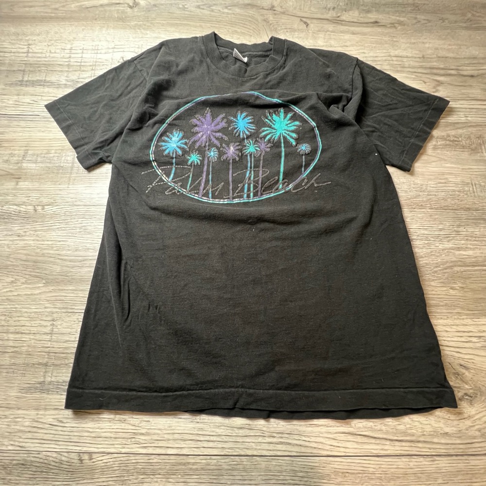 Fruit of the Loom‎ T-Shirt Mens L Black Palm Beach Puff Print Vintage 90s USA
